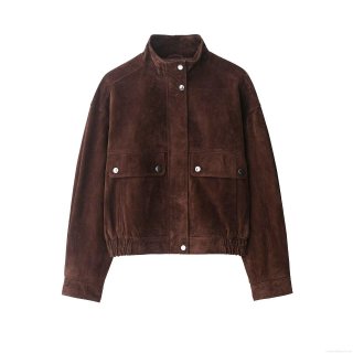 Women Faux Suede Jacket Stand Collar Snap Button Outerwear Loose Casual Short Coat With Pockets Elastic Hem Coffee Brown Streetwear Ladies Apparel