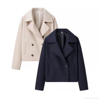 Women's Double Breasted Short Woolen Jacket Elegant Lapel Long Sleeve Polyester Outerwear for Casual Office Autumn Spring Women Solid Color Peacoat