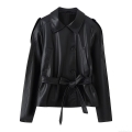 Women's Fashion Faux Leather Short Windbreaker Jacket PU Leather Polyester Single Breasted Belted Lapel Long Sleeve Coat For Daily Casual Elegant Outerwear