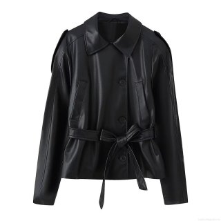 Women's Fashion Faux Leather Short Windbreaker Jacket PU Leather Polyester Single Breasted Belted Lapel Long Sleeve Coat For Daily Casual Elegant Outerwear