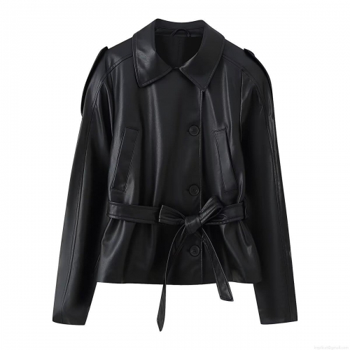 Women's Fashion Faux Leather Short Windbreaker Jacket PU Leather Polyester Single Breasted Belted Lapel Long Sleeve Coat For Daily Casual Elegant Outerwear