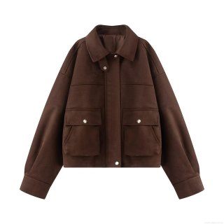 Women Fashion Faux Suede Utility Jacket Lapel Long Sleeve Button Up Loose Workwear Coat With Large Pockets Solid Color Streetwear Short Outerwear