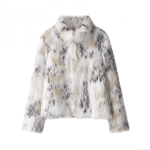 Women's Fashion Casual Leopard Spotted Faux Fur Coat Short Stand Collar Long Sleeve Elegant Plush Outerwear For Autumn Winter Women