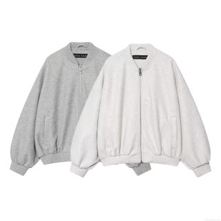 Women's Casual Bomber Jacket Woolen Feel Stand Collar Zipper Loose Outerwear Solid Color Long Sleeve Coat Ribbed Cuffs Fashionable Spring Autumn Jacket