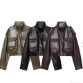 Women's Vintage PU Synthetic Leather Short Jacket Stand Collar Moto Style Cargo Pockets Zip Up Outwear Coat Fall Winter Fashion Olive Black Brown