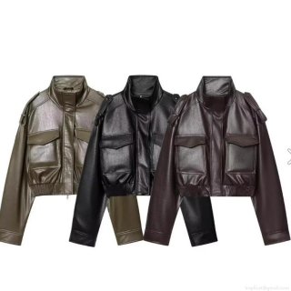 Women's Vintage PU Synthetic Leather Short Jacket Stand Collar Moto Style Cargo Pockets Zip Up Outwear Coat Fall Winter Fashion Olive Black Brown