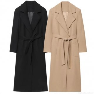 Women's Long Wool Blend Coat Elegant Solid Color Notched Collar Suede Trench Coat With Belt For Winter Daily Casual Lady Warm Outerwear