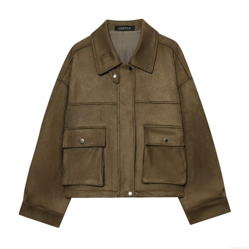 Women's Vintage Faux Suede Aviator Jacket Loose Fit Lapel Long Sleeve Outerwear With Pockets Solid Color Casual Streetwear Coat