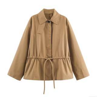 Women's Fashion Khaki Short Parka Jacket Polyester Drawstring Waist Adjustable Collar Windbreaker Casual Long Sleeve Outerwear For Ladies