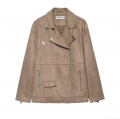 Women's Faux Suede Biker Jacket Polyester Lapel Long Sleeve Zip Up Moto Coat Casual Loose Solid Color Outwear For Ladies Chic Streetwear