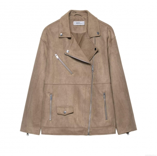 Women's Faux Suede Biker Jacket Polyester Lapel Long Sleeve Zip Up Moto Coat Casual Loose Solid Color Outwear For Ladies Chic Streetwear