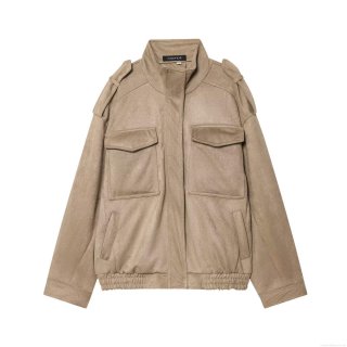 Women's Fashion Faux Suede Bomber Jacket Stand Collar Utility Multi Pockets Short Outerwear With Epaulettes Zip Up Casual Coat For Spring Autumn