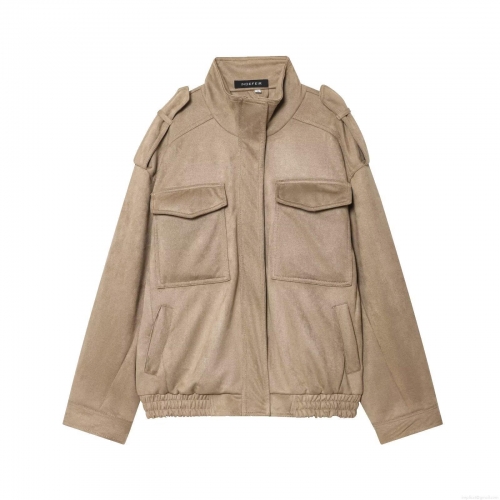 Women's Fashion Faux Suede Bomber Jacket Stand Collar Utility Multi Pockets Short Outerwear With Epaulettes Zip Up Casual Coat For Spring Autumn