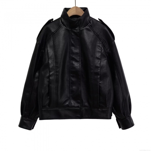 Women Fashion Black PU Faux Leather Jacket Long Sleeve Lapel Zipper Cropped Biker Coat With Shoulder Epaulets Texture Grain Streetwear Outerwear