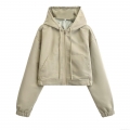 Women's Casual Cropped Hooded Jacket Loose Drawstring Solid Color Fashion Zip Up Windbreaker Coat Outerwear for Streetwear Daily Wear