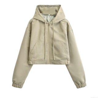 Women's Casual Cropped Hooded Jacket Loose Drawstring Solid Color Fashion Zip Up Windbreaker Coat Outerwear for Streetwear Daily Wear