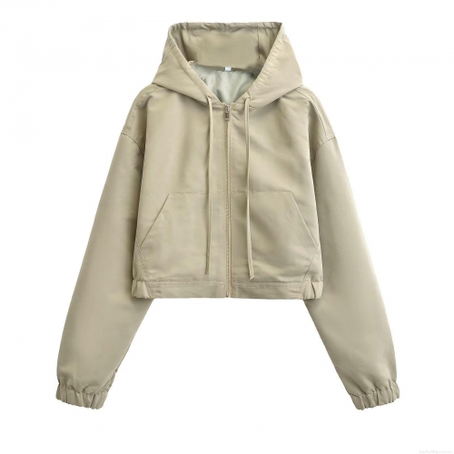 Women's Casual Cropped Hooded Jacket Loose Drawstring Solid Color Fashion Zip Up Windbreaker Coat Outerwear for Streetwear Daily Wear