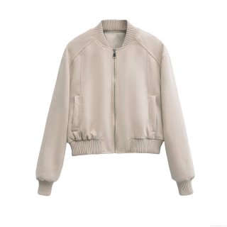 Women Fashion Solid Color Bomber Jacket Soft Suede-like Fabric Loose Fit Zipper Up Outwear Long Sleeve Ribbed Trim Streetwear Casual Coat For Women