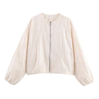 Women's Casual Embroidered Jacket Floral Cotton Blend Round Neck Metal Zipper Coat Loose Fit Long Sleeve Beige Outerwear For Spring Autumn