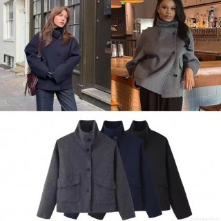 Women's Half Turtleneck Single Breasted Faux Woolen Coat Oversized Long Sleeve Winter Warm Jacket With Pockets Casual Outwear