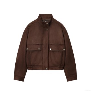 Women Faux Suede Cropped Bomber Jacket Stand Collar Long Sleeve Pilot Coat With Pockets Vintage Solid Color Streetwear Outerwear For Lady