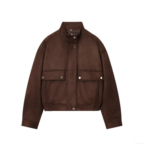 Women Faux Suede Cropped Bomber Jacket Stand Collar Long Sleeve Pilot Coat With Pockets Vintage Solid Color Streetwear Outerwear For Lady