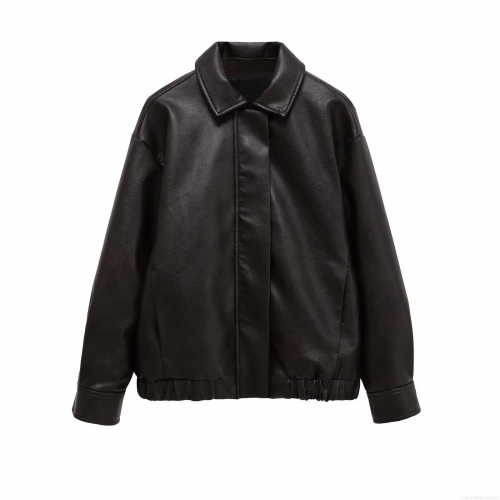 Women's Vintage PU Leather Moto Jacket Loose Fit Faux Leather Coat With Turn Down Collar Zip Up Coffee Streetwear Fashion Jacket Outerwear