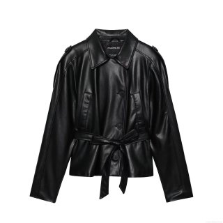 Women's Fashion Faux Leather Jacket PU Moto Biker Coat With Belt Lapel Button Streetwear Short Windbreaker For Spring Autumn Women Outwear