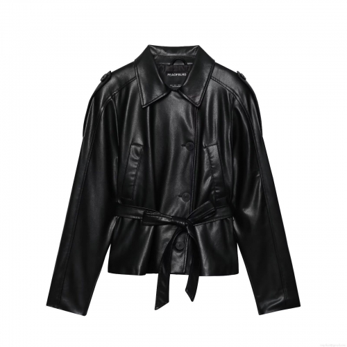 Women's Fashion Faux Leather Jacket PU Moto Biker Coat With Belt Lapel Button Streetwear Short Windbreaker For Spring Autumn Women Outwear