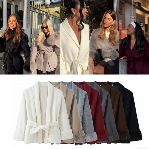 Elegant Women Mid-Length Woolen Coat With Luxury Oversized Faux Fur Cuffs And Tie Waist Belt Solid Color Fashion Outwear For Autumn Winter