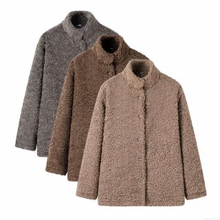 Women's Casual Fleece Stand Collar Jacket Warm Long Sleeve Teddy Texture Solid Outerwear Single Breasted Coat For Winter Autumn Women