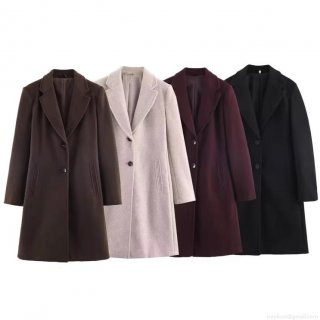 Women's Elegant Mid Length Woolen Coat Slim Fit Single Breasted Lapel Overcoat Long Sleeve Solid Color Winter Jacket Outwear With Padded Shoulders