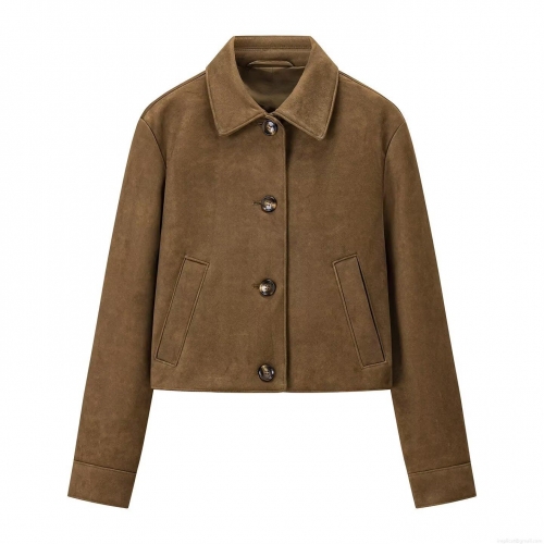 Women's Casual Faux Suede Short Jacket Solid Color Flip Collar Long Sleeve Single Breasted Coat For Daily Streetwear Fall Winter Fashion Lady Outerwear