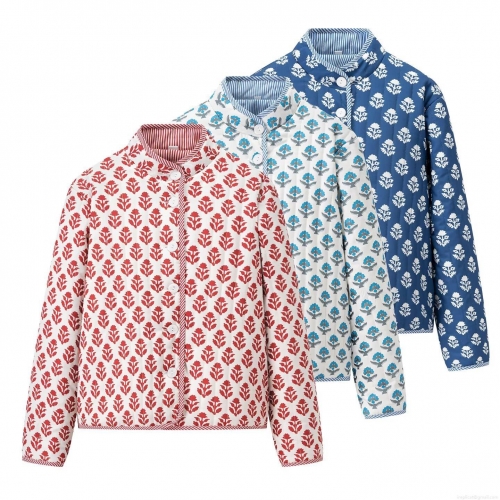 Women Floral Print Quilted Jacket Reversible Long Sleeve Stand Collar Cotton Padded Coat Casual Ethnic Style Outerwear Women