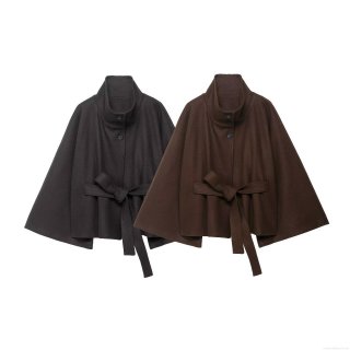 Women's Cloak Style Polyester Woolen Coat Stand Collar Loose Fit Batwing Sleeve Short Jacket With Belt Winter Warm Elegant Streetwear Overcoat For Ladies