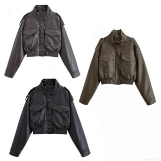 Women Fashion Faux Leather PU Moto Jacket Streetwear Stand Collar Short Bomber Coat With Cargo Pockets Zip Up Casual Long Sleeve Outerwear For Ladies