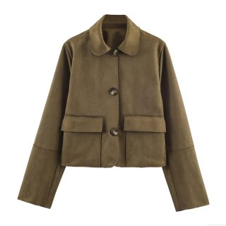 Women's Fashion Faux Suede Short Jacket Lapel Single Breasted Long Sleeve Coat With Pockets Casual Solid Color Outerwear For Women Spring Autumn
