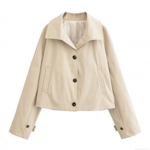 Women's Short Windbreaker Jacket 100% Polyester Lightweight Casual Lapel Single Breasted Work Cargo Coat For Autumn Spring Lady Chic Fashion Outerwear