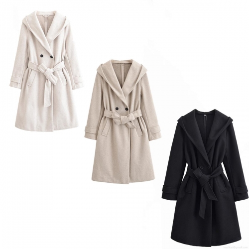 Women's Hooded Woolen Coat Double Breasted Mid-Long Trench Coat With Belt Solid Color Elegant Winter Jacket For Women Casual Warm Outerwear