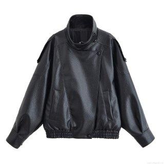 Oversized Faux Leather Jacket Women Stand Collar Black PU Moto Biker Coat With Pockets Casual Streetwear Fashion Outerwear