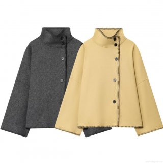 Women's Loose Wool-Like Short Jacket Stand Collar Whipstitch Trim Contrast Stitching Long Sleeve Oversized Casual Outwear Coat for Women