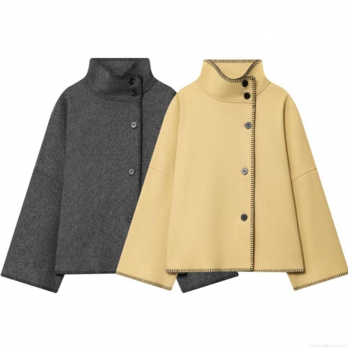 Women's Loose Wool-Like Short Jacket Stand Collar Whipstitch Trim Contrast Stitching Long Sleeve Oversized Casual Outwear Coat for Women