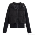 Women's Lightweight Quilted Jacket With Hood Splicing Design Long Sleeve Zipper Closure Fashion Casual Solid Black Puffer Outwear For Women Autumn Winter