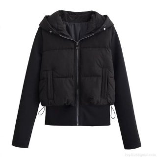 Women's Lightweight Quilted Jacket With Hood Splicing Design Long Sleeve Zipper Closure Fashion Casual Solid Black Puffer Outwear For Women Autumn Winter