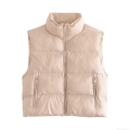 Women's Casual Padded Vest Stand Collar Quilted Sleeveless Jacket With Zipper Pockets Winter Warm Polyester Synthetic Down Waistcoat For Ladies