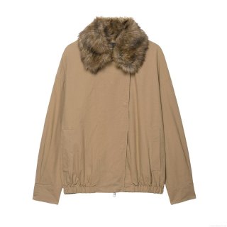 Women's Khaki Faux Fur Collar Bomber Jacket Polyester Twill Loose Fit Windproof Outwear Coat for Winter Autumn Streetwear Casual Style