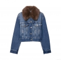 Women's Denim Jacket with Brown Faux Fur Collar Vintage Long Sleeve Washed Jean Coat with Pockets Casual Warm Outwear for Spring Autumn Winter