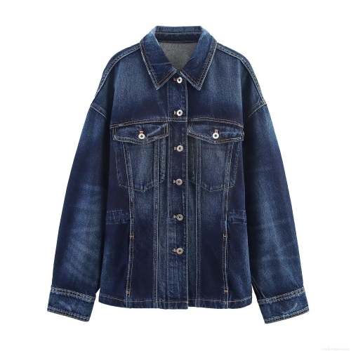 Women's Vintage Wash Dark Blue Denim Jacket Casual Loose Fit Long Sleeve Lapel Outerwear With Metal Buttons And Contrast Stitching For Everyday Streetwear