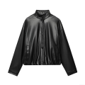 Women Faux PU Leather Bomber Jacket Loose Stand Collar Outerwear Long Sleeve Snap Button Casual Streetwear Solid Color Jacket Coat For Spring Autumn