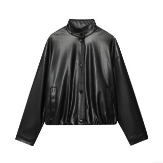 Women Faux PU Leather Bomber Jacket Loose Stand Collar Outerwear Long Sleeve Snap Button Casual Streetwear Solid Color Jacket Coat For Spring Autumn